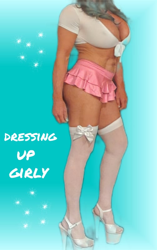 Lily Levine milf with young body wearing cute pink ruffle skirt and white bustier top, long white socks, thigh high and white high heels